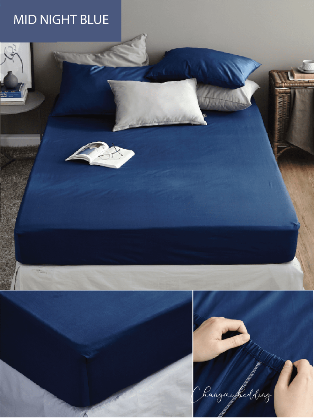 Bộ ga gối 4 món Cotton Satin Midnight Blue - Hình ảnh 2